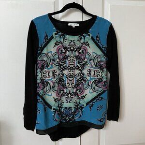 Sandro Top Womens 2 Silk Front Geometric Long‎ Sleeve Blue Black